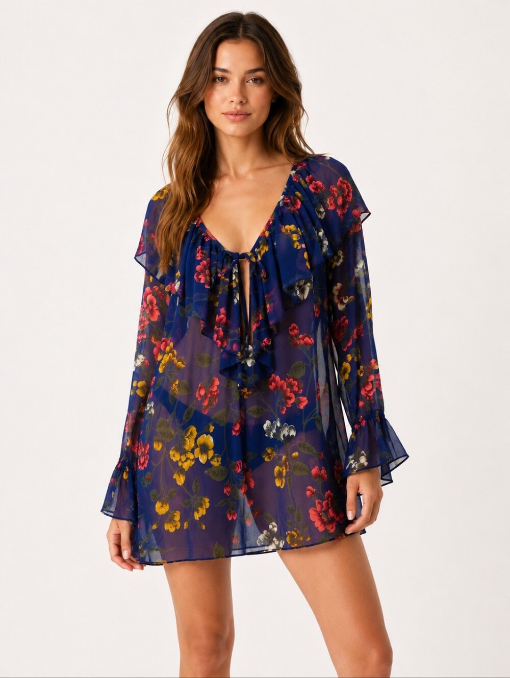 Vintage‎ Victoria's Secret Blue Floral Sheer Cover Up Tunic P/S